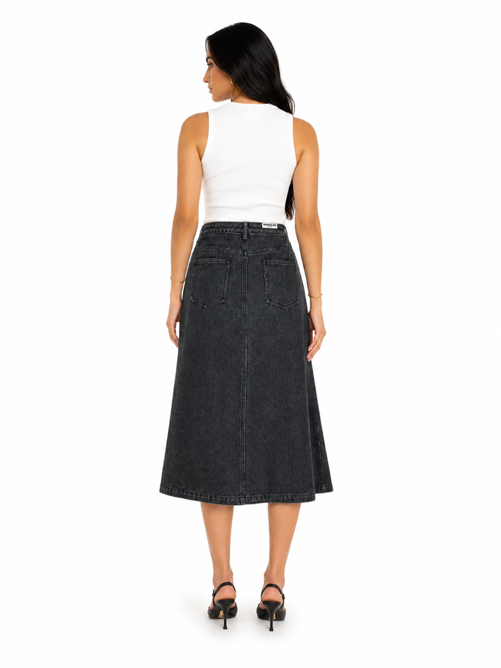 Cat Print Wrap Denim Midi Skirt - Luna