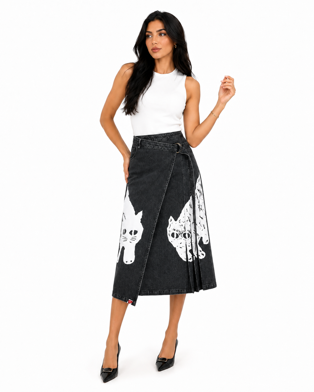 Cat Print Wrap Denim Midi Skirt - Luna