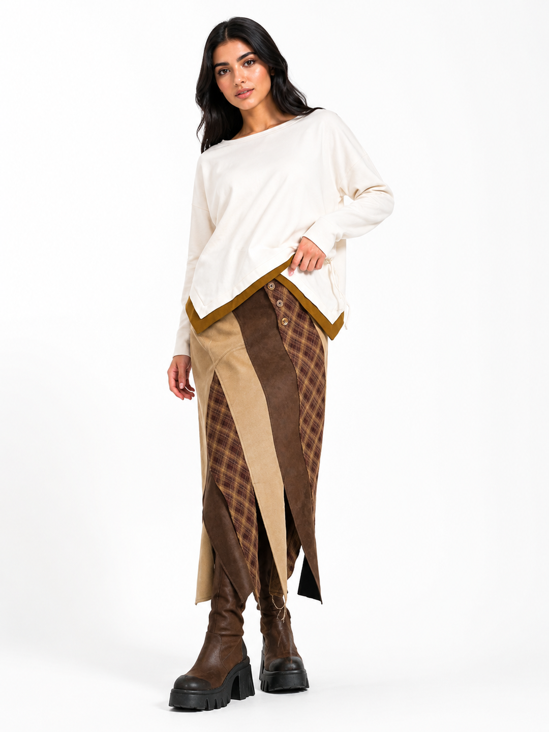 Asymmetric Patchwork Denim Midi Skirt - Sienna