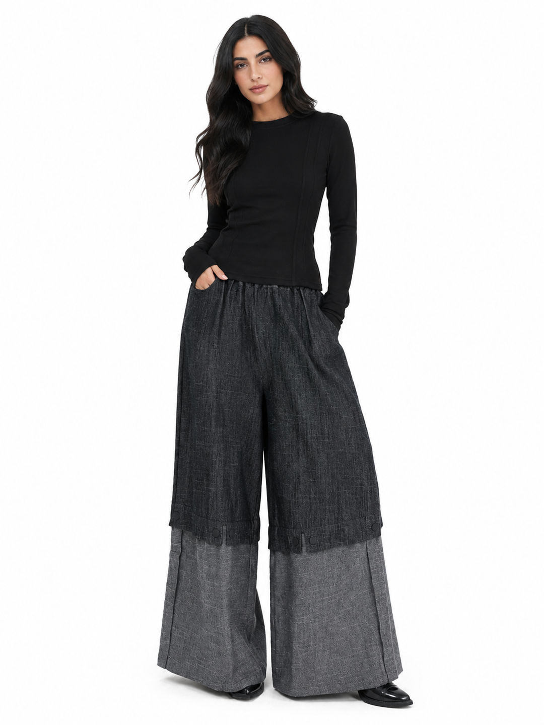 Contrast Hem Wide Leg Pants - Ember