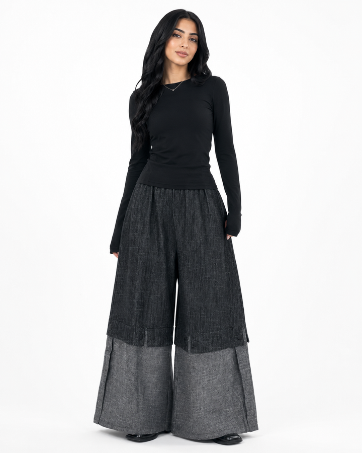 Contrast Hem Wide Leg Pants - Ember