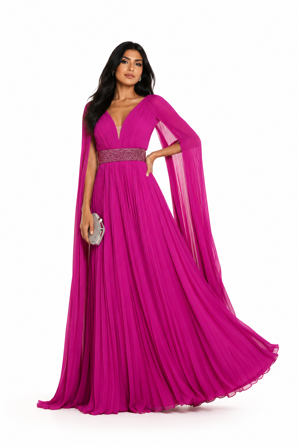 Pleated Cape Sleeve Maxi Dress - luchya
