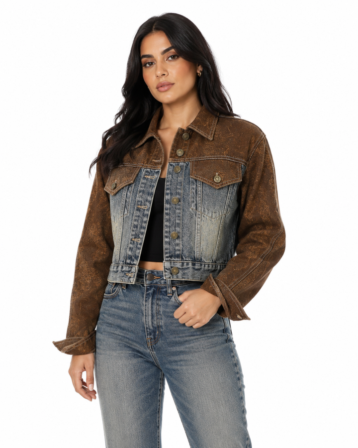 Two-Tone Cropped Denim Jacket - Sierra
