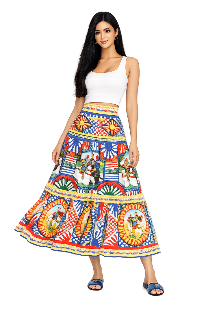 Mediterranean Print Maxi Skirt - Capri