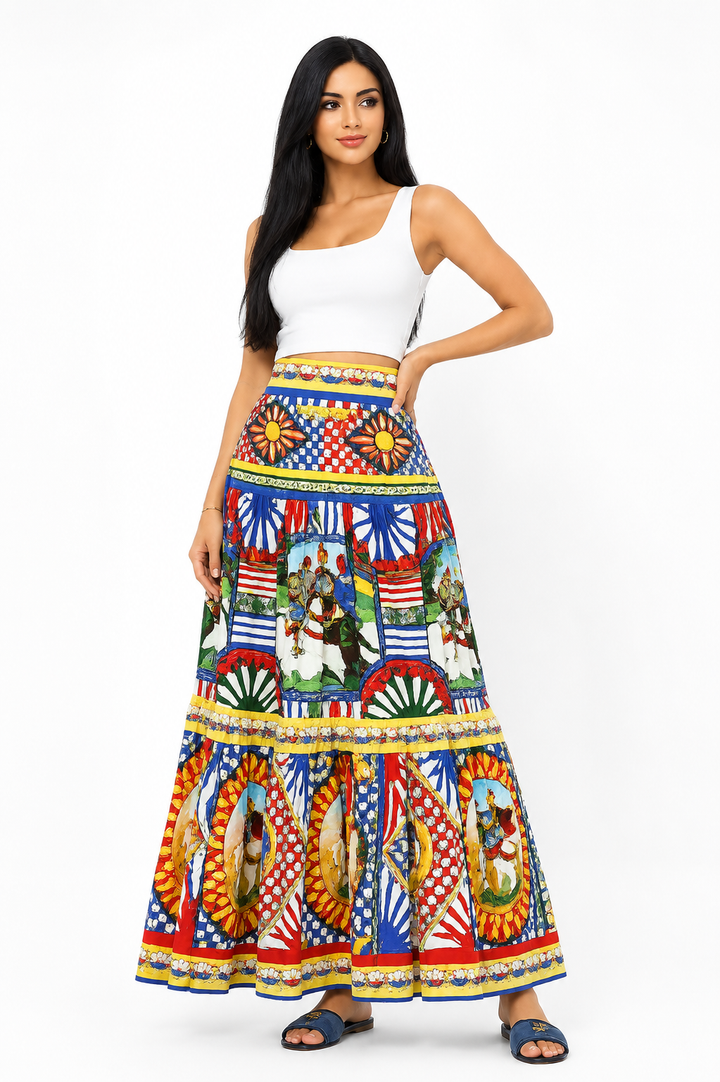 Mediterranean Print Maxi Skirt - Capri