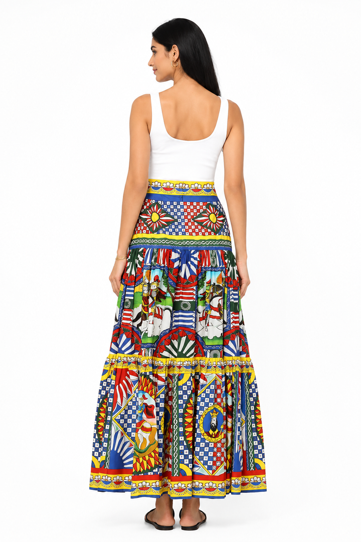 Mediterranean Print Maxi Skirt - Capri