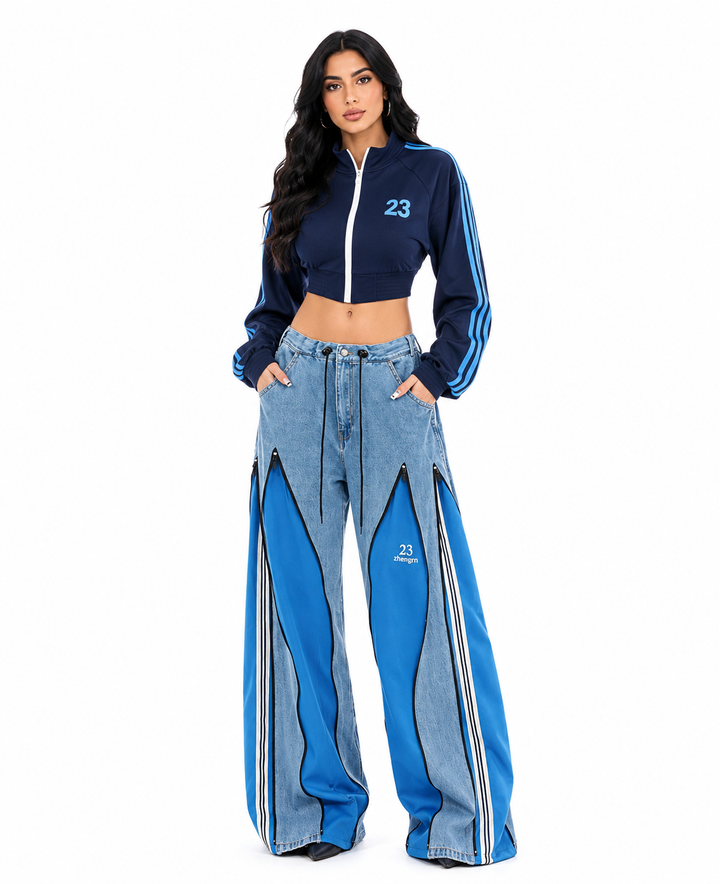 Zip-Panel Wide Leg Denim Pants - Nova