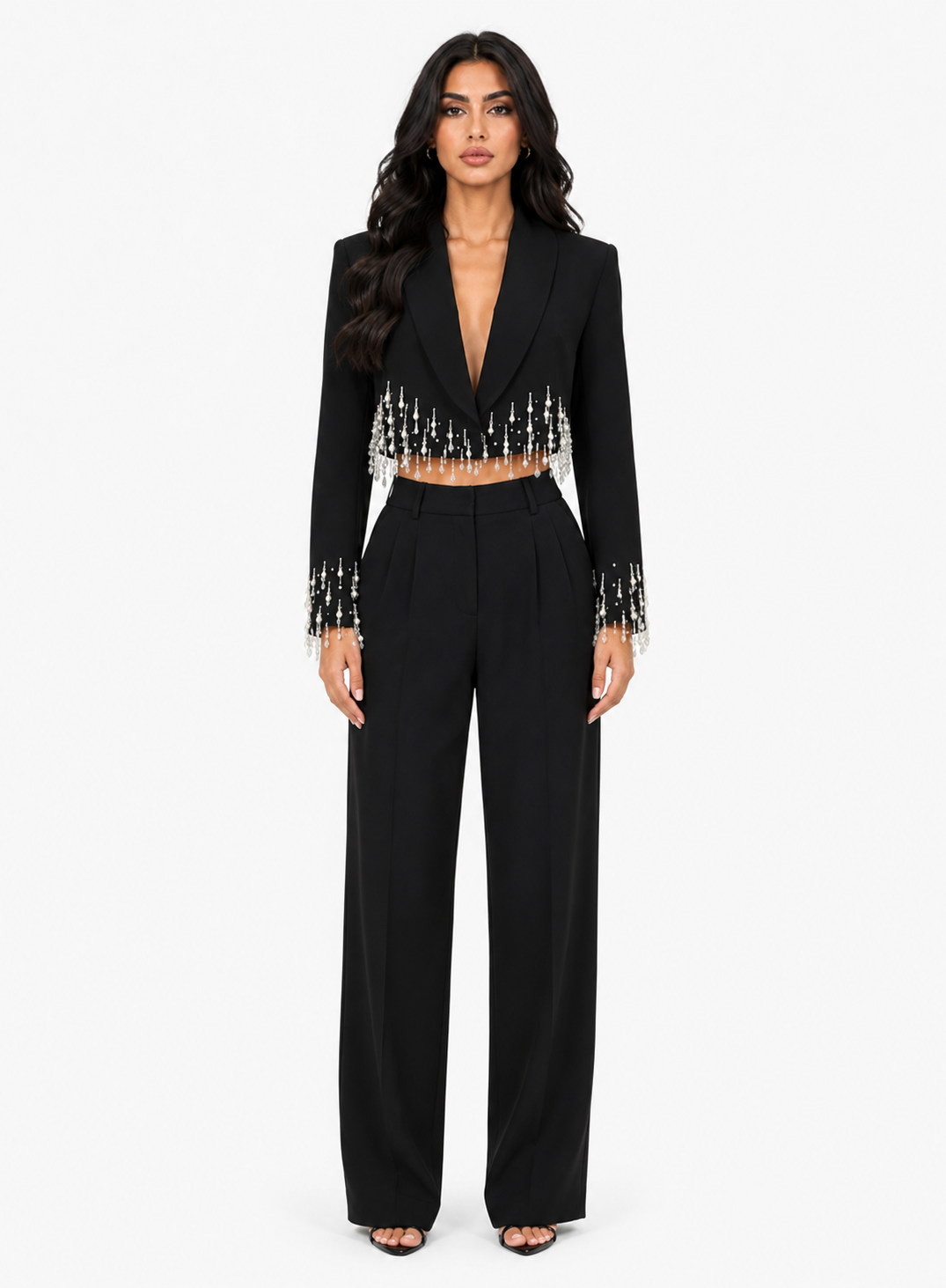 Crystal Fringe Cropped Blazer - Celeste