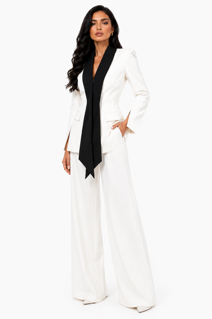 Contrast Lapel Blazer & Wide Leg Pants Set - Monroe