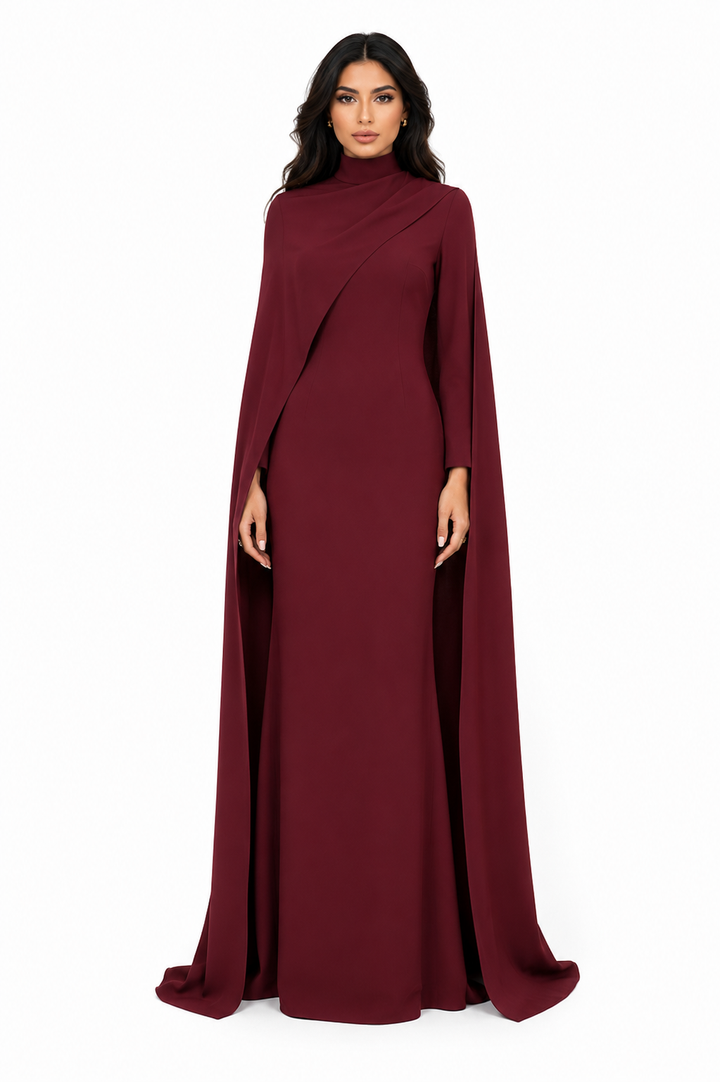 Cape Sleeve High Neck Maxi Dress - Bordeaux