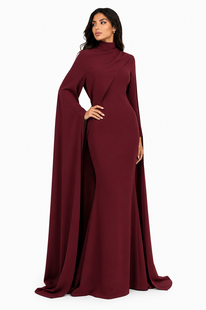 Cape Sleeve High Neck Maxi Dress - Bordeaux