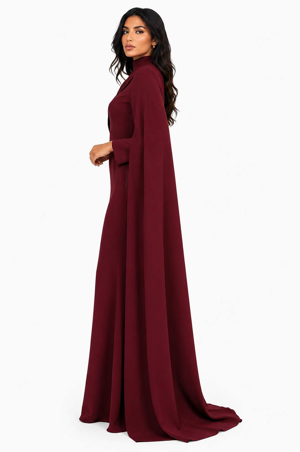 Cape Sleeve High Neck Maxi Dress - Bordeaux