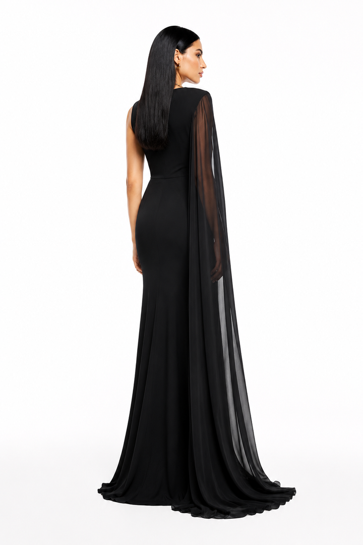 One-Shoulder Cape Slit Maxi Dress - Onyx