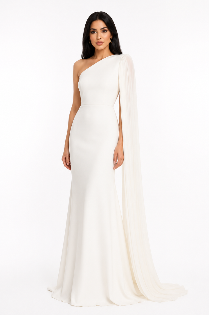 One-Shoulder Cape Maxi Dress - Pearl