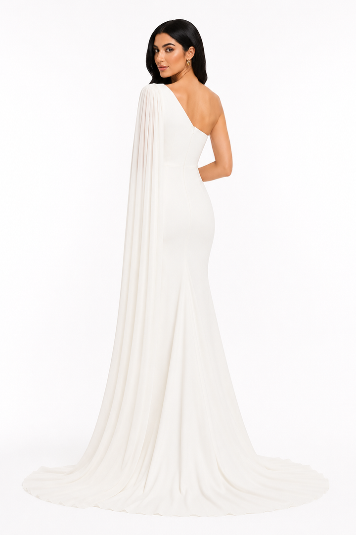 One-Shoulder Cape Maxi Dress - Pearl