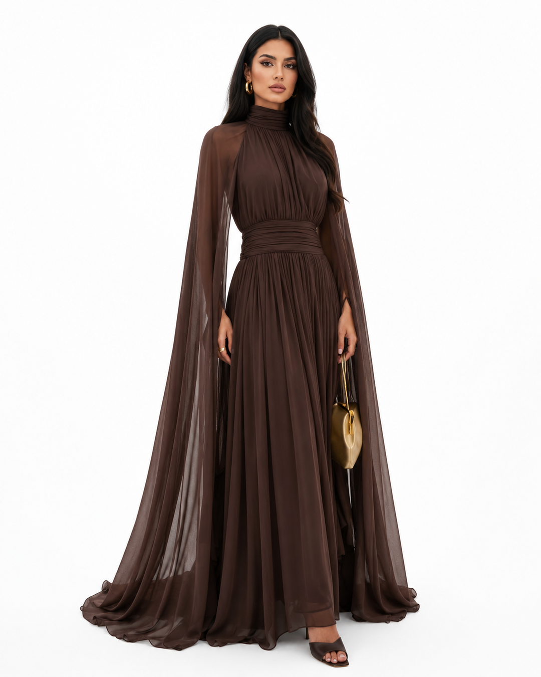 Pleated Cape Maxi Dress - Mocha