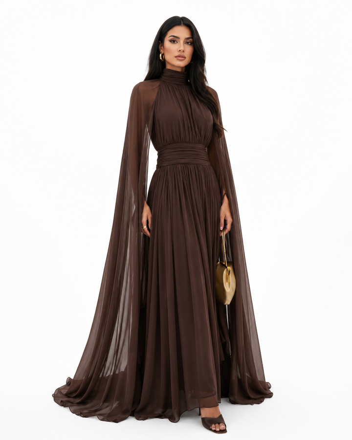 Pleated Cape Maxi Dress - Mocha