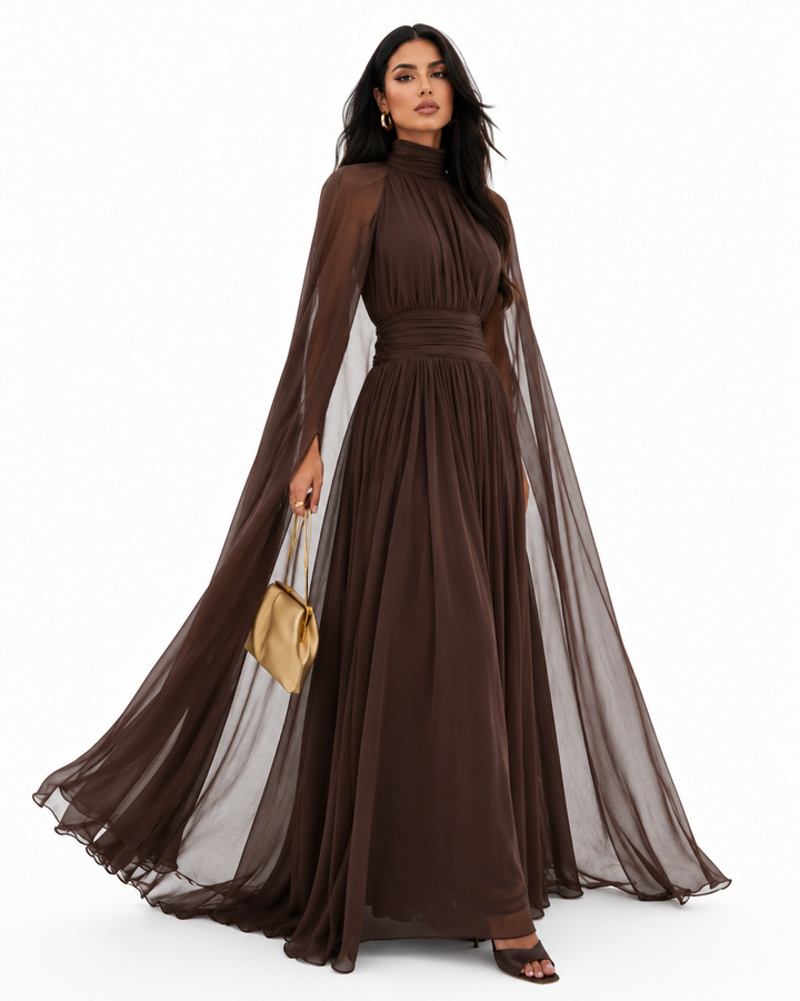 Pleated Cape Maxi Dress - Mocha