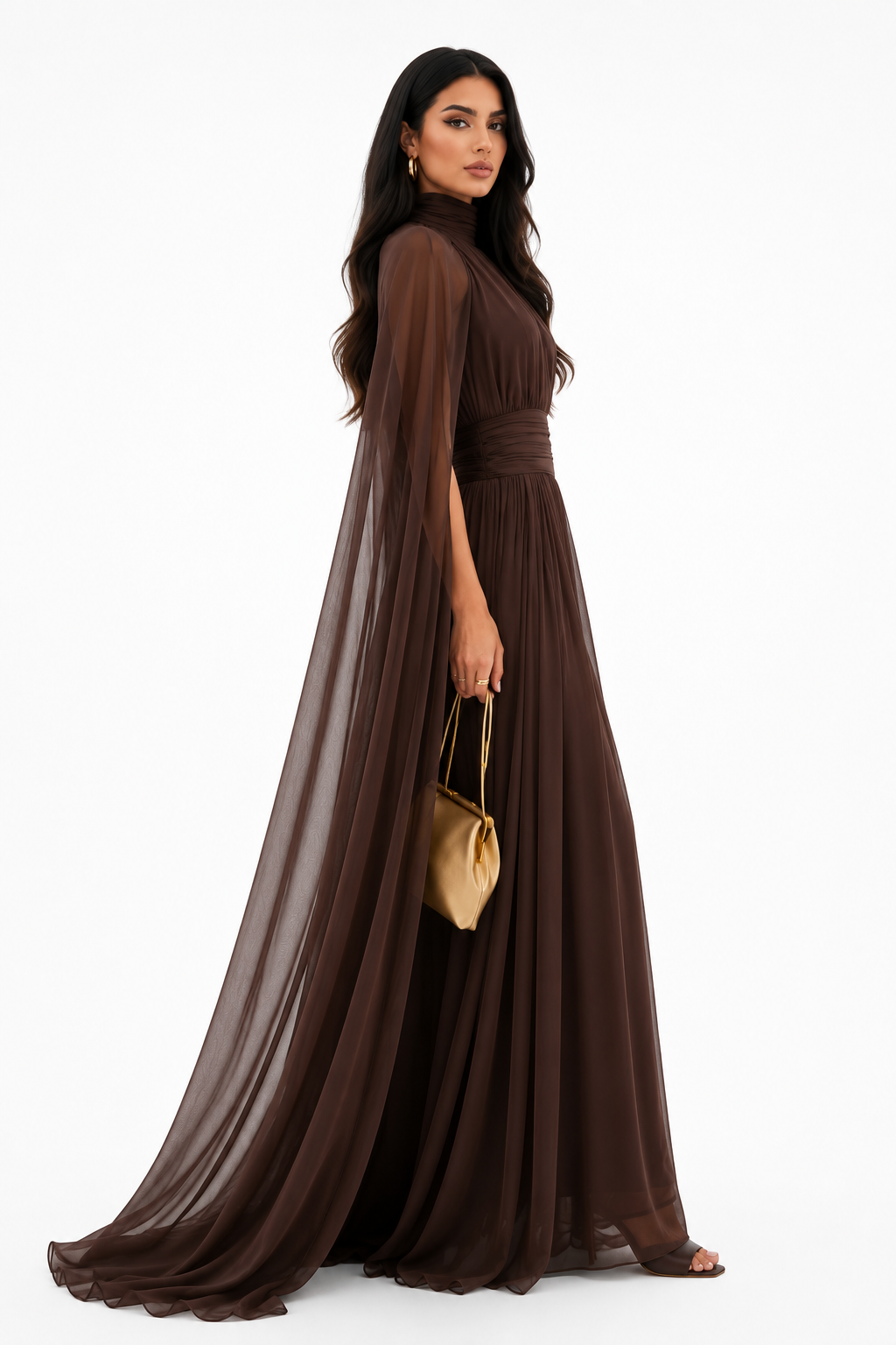 Pleated Cape Maxi Dress - Mocha