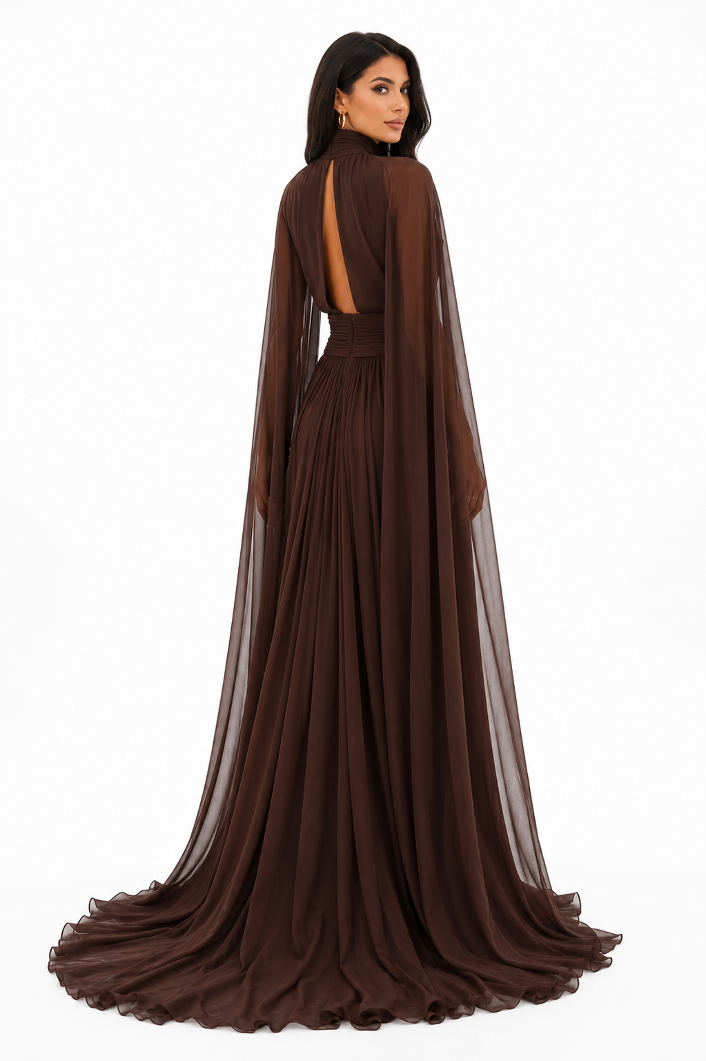 Pleated Cape Maxi Dress - Mocha