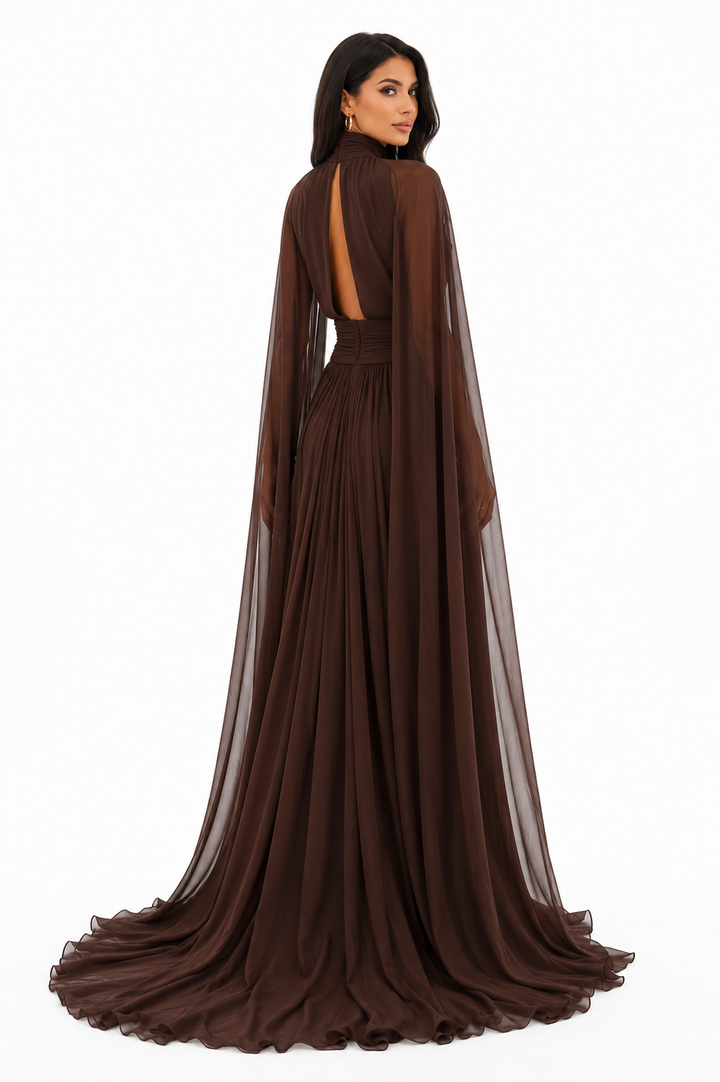 Pleated Cape Maxi Dress - Mocha