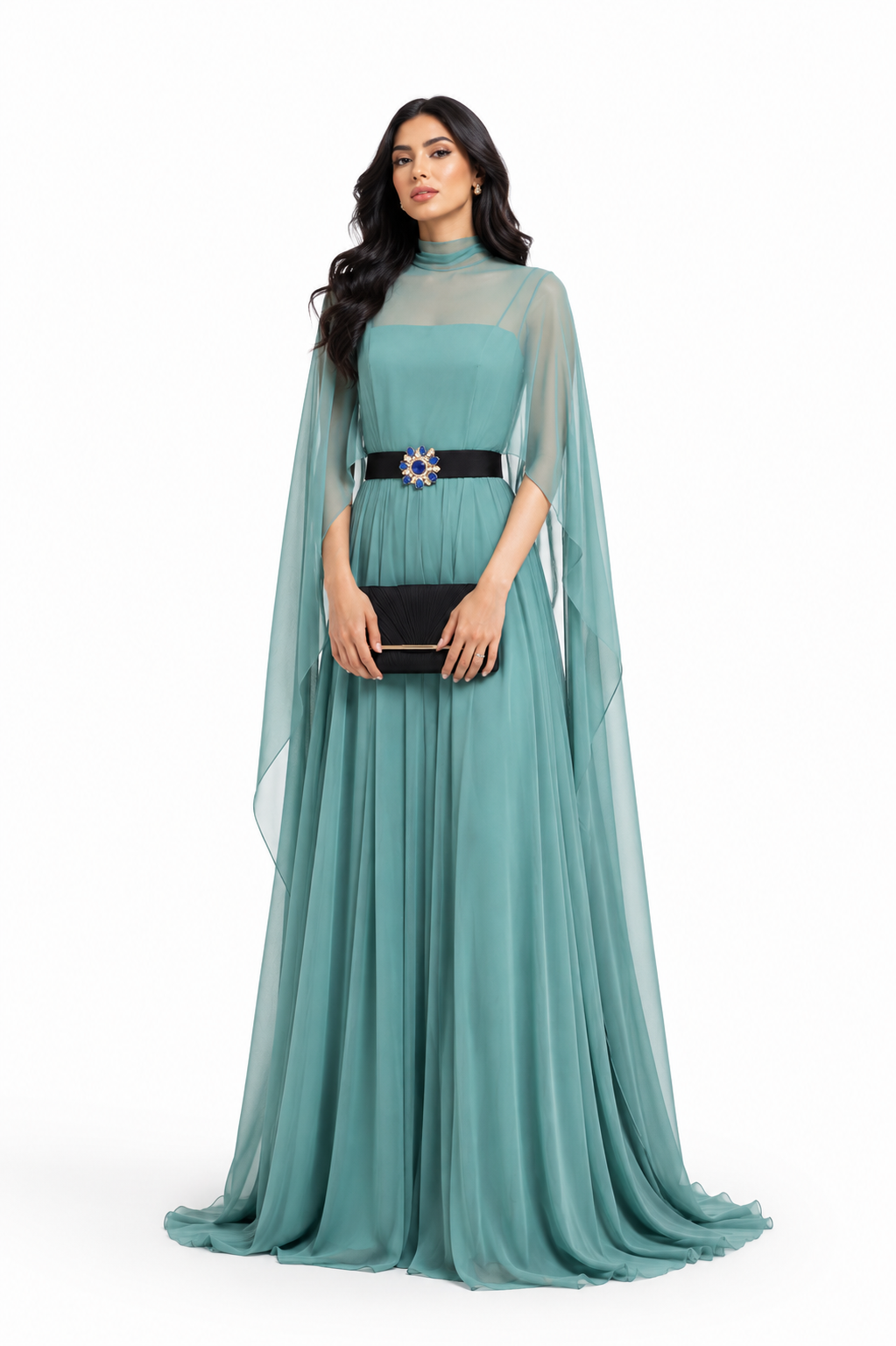 Pleated Cape Maxi Dress - Aqua