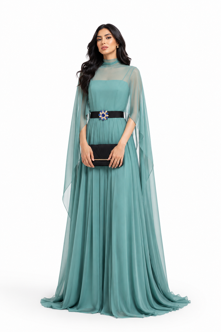 Pleated Cape Maxi Dress - Aqua