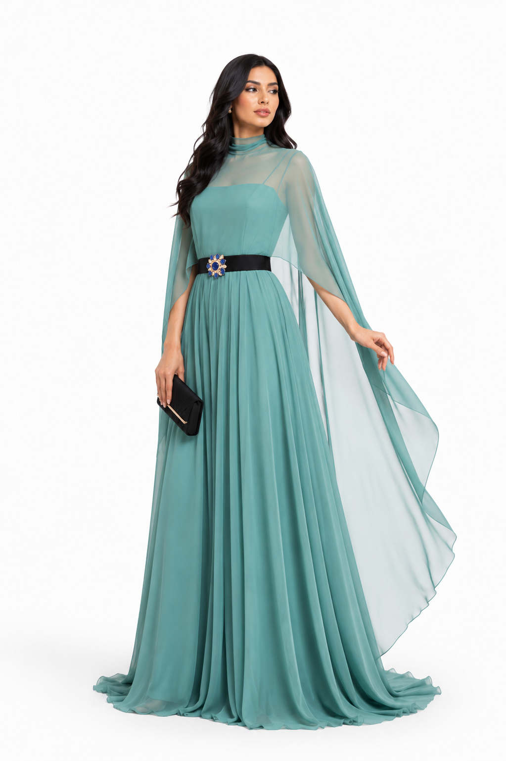 Pleated Cape Maxi Dress - Aqua
