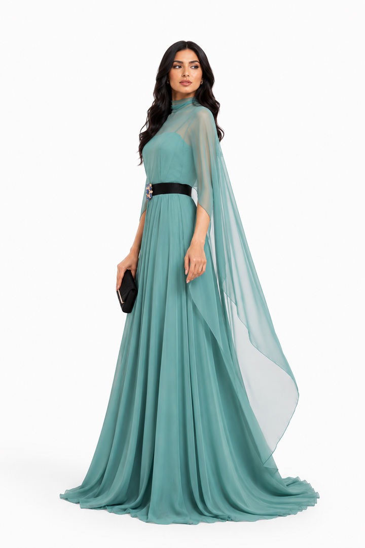 Pleated Cape Maxi Dress - Aqua