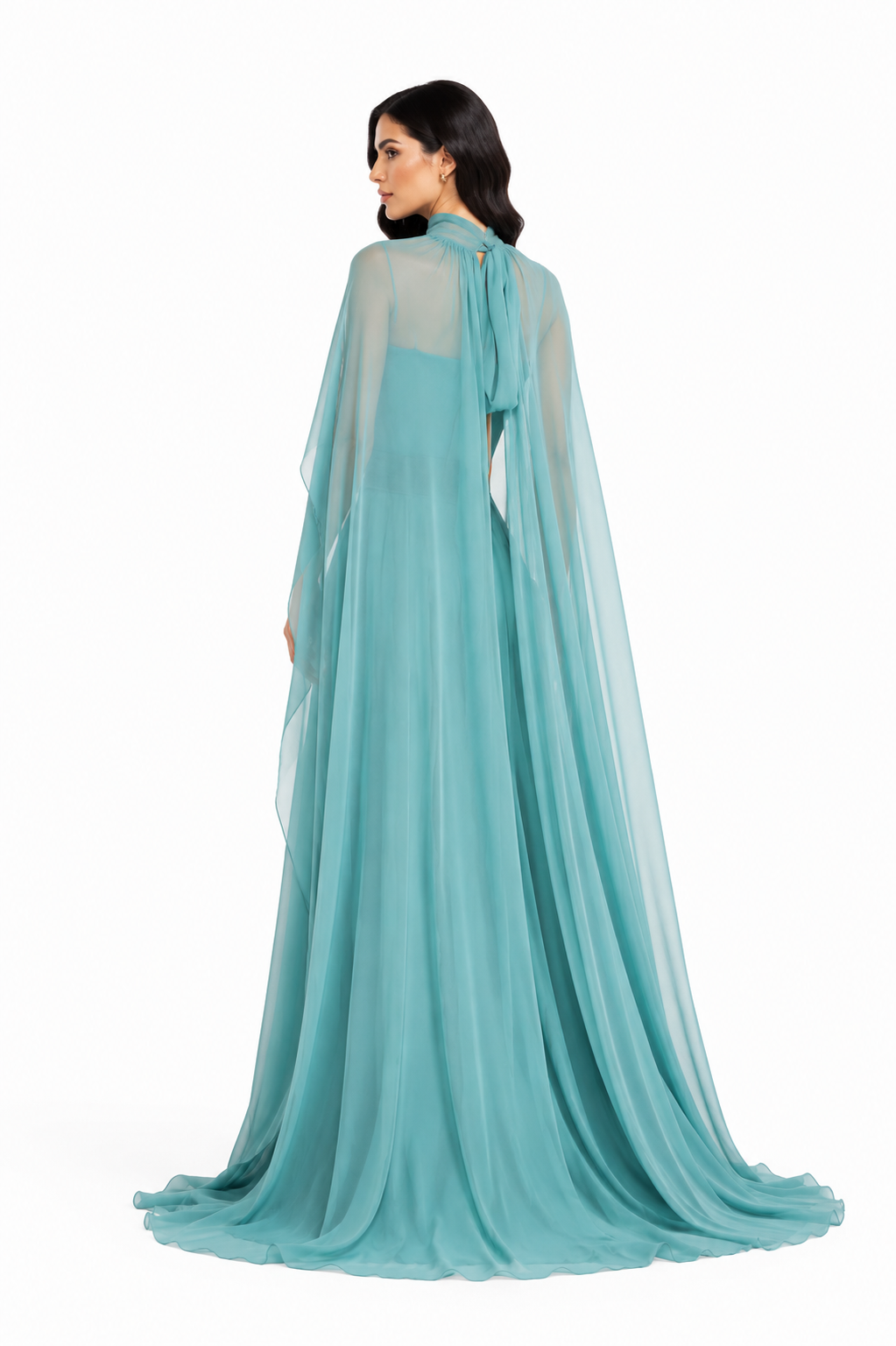Pleated Cape Maxi Dress - Aqua