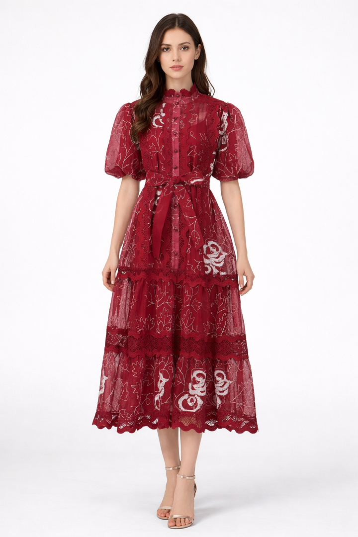 embroidered mesh tiered midi dress with belt – VELORA