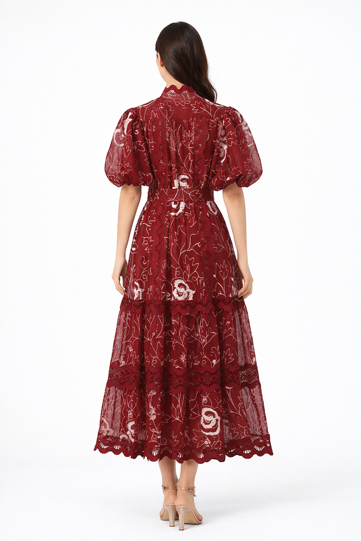 embroidered mesh tiered midi dress with belt – VELORA