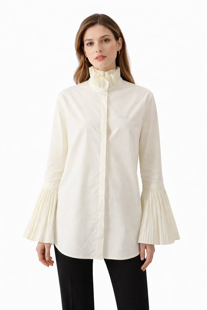 long sleeve ruffled high-neck blouse with pleated cuffs – ALINA