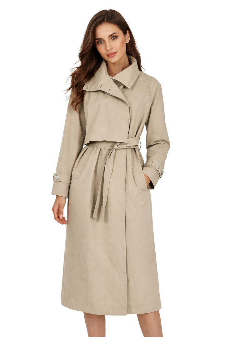 belted long trench coat with layered collar – SAVANNA