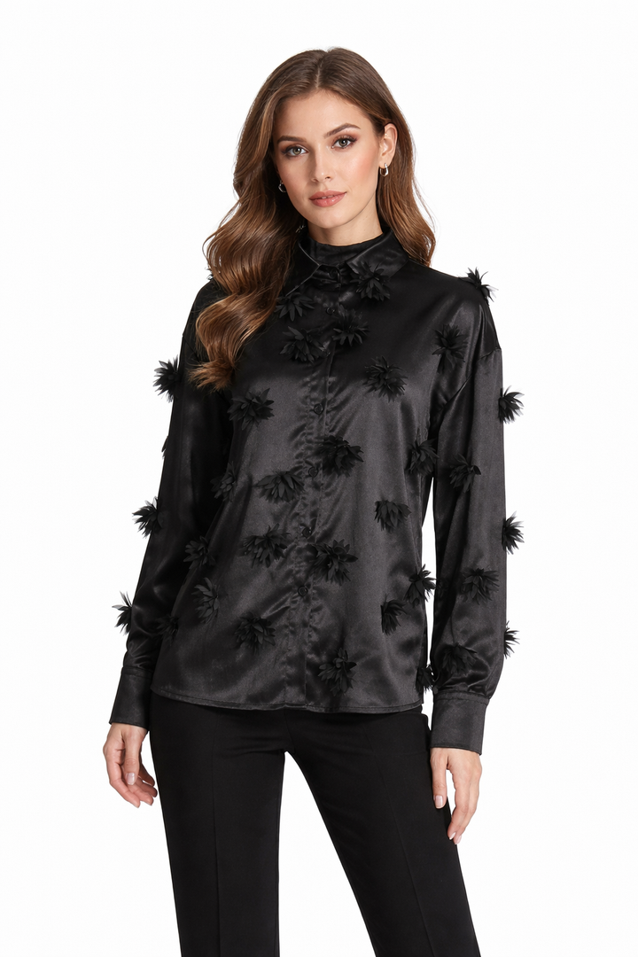 long sleeve satin shirt with floral appliqué details – NOIR