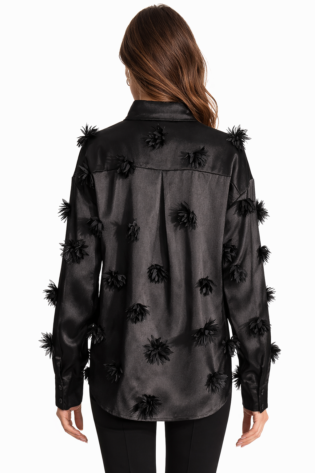 long sleeve satin shirt with floral appliqué details – NOIR