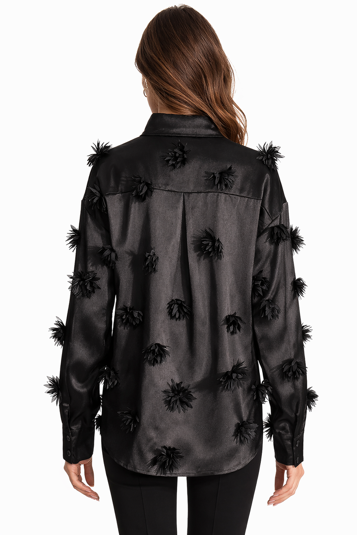 long sleeve satin shirt with floral appliqué details – NOIR