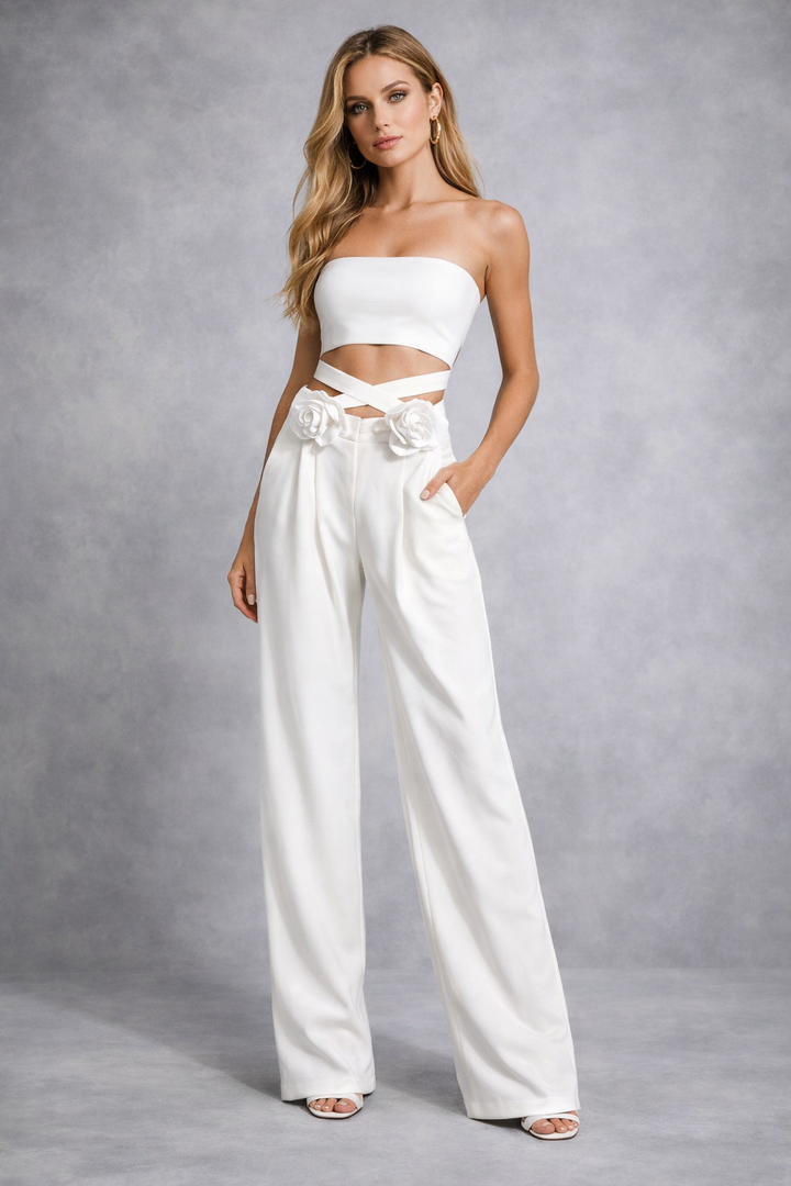 high-waist wide-leg pants with floral belt detail – ROSA