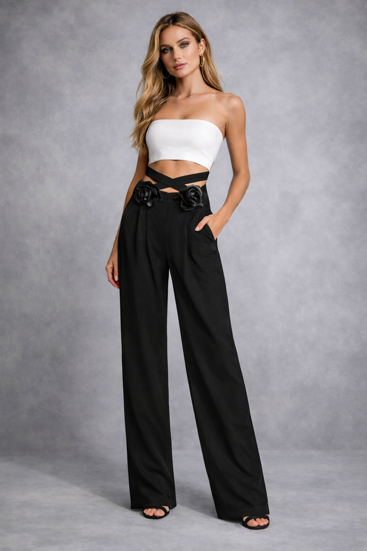 high-waist wide-leg pants with floral belt detail – ROSA