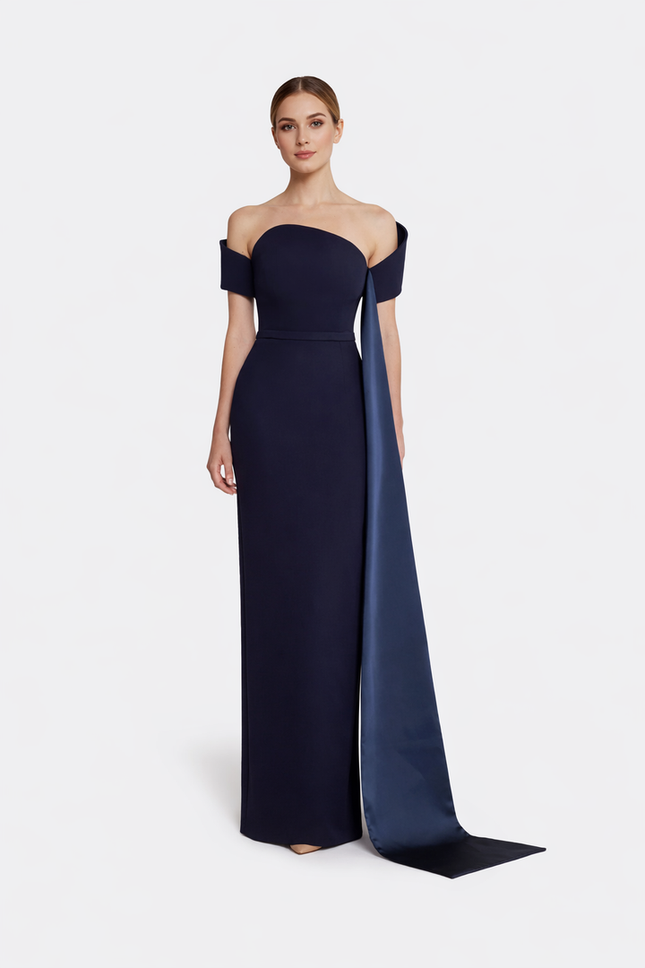 off-shoulder column gown with satin drape – ICON