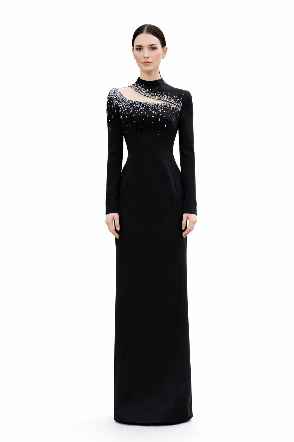 high-neck column gown with crystal illusion cutout – NOIR
