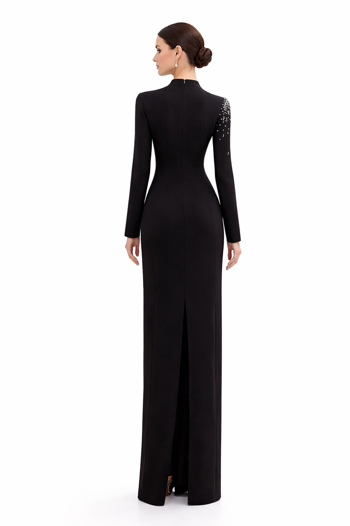 high-neck column gown with crystal illusion cutout – NOIR
