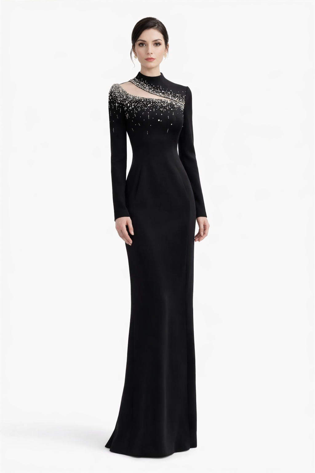 high-neck column gown with crystal illusion cutout – NOIR