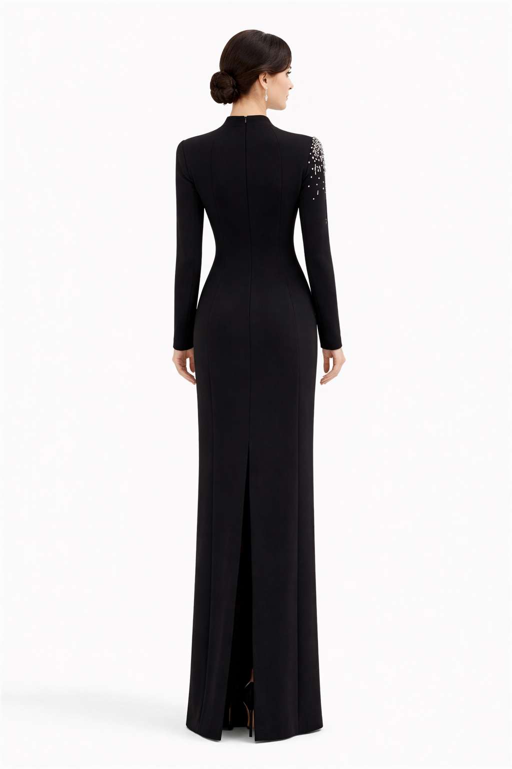 high-neck column gown with crystal illusion cutout – NOIR