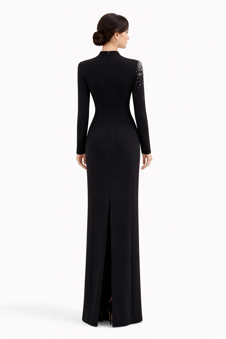 high-neck column gown with crystal illusion cutout – NOIR