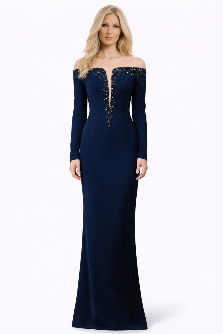off-shoulder column gown with embellished plunge neckline – CELESTE