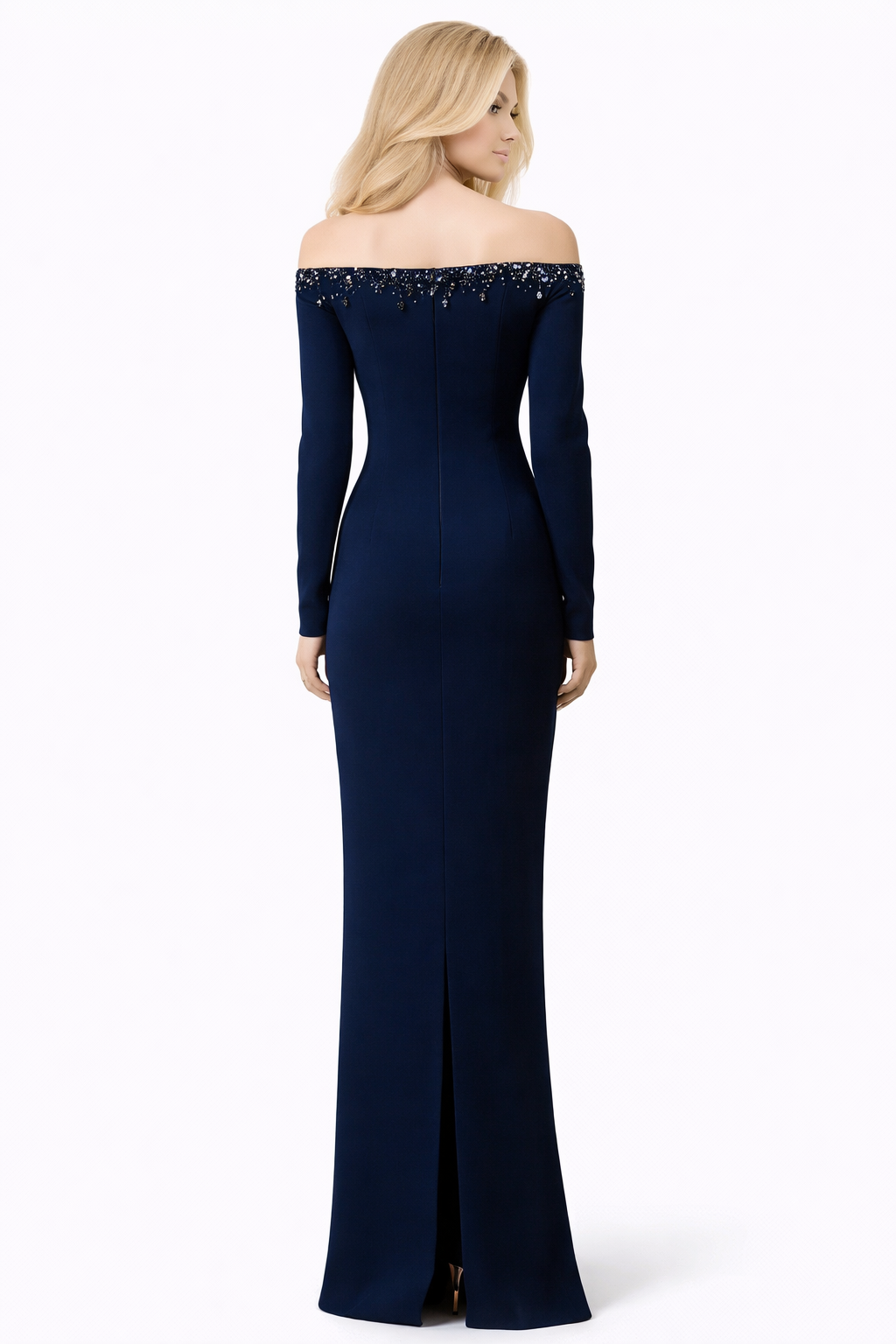 off-shoulder column gown with embellished plunge neckline – CELESTE