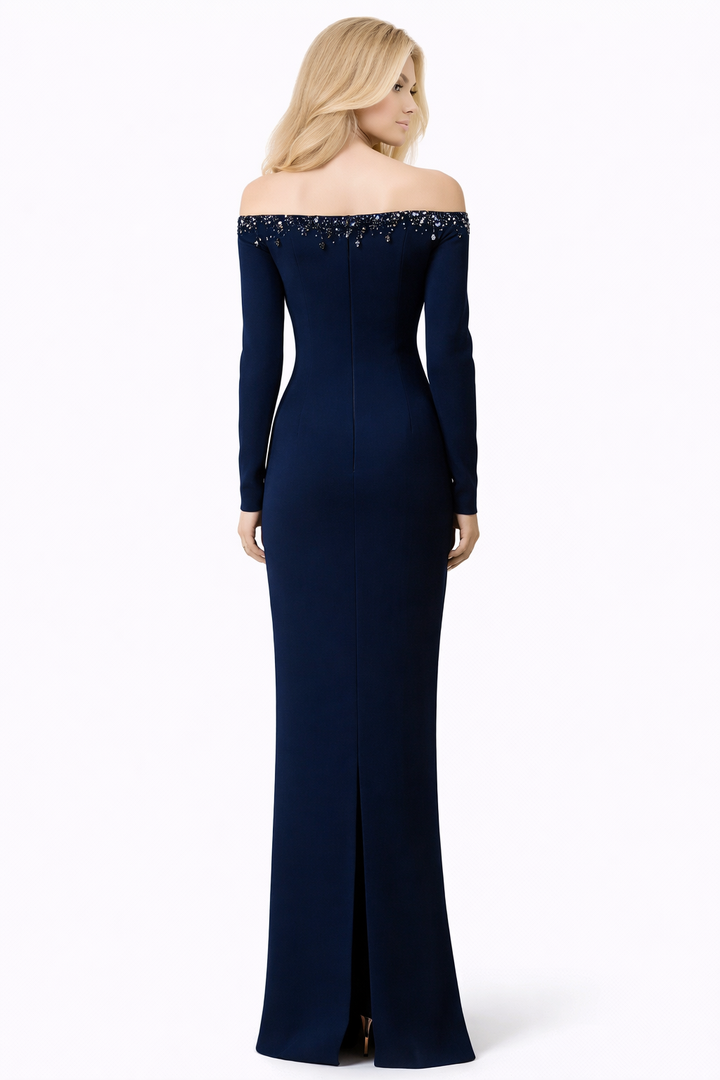 off-shoulder column gown with embellished plunge neckline – CELESTE