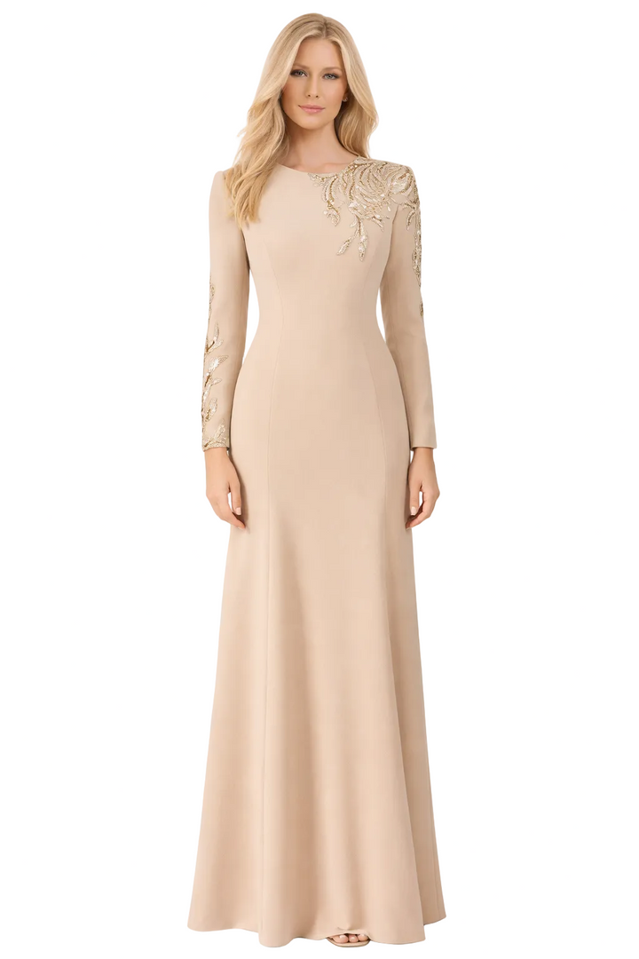 long-sleeve column gown with gold floral embroidery – VALENTIA
