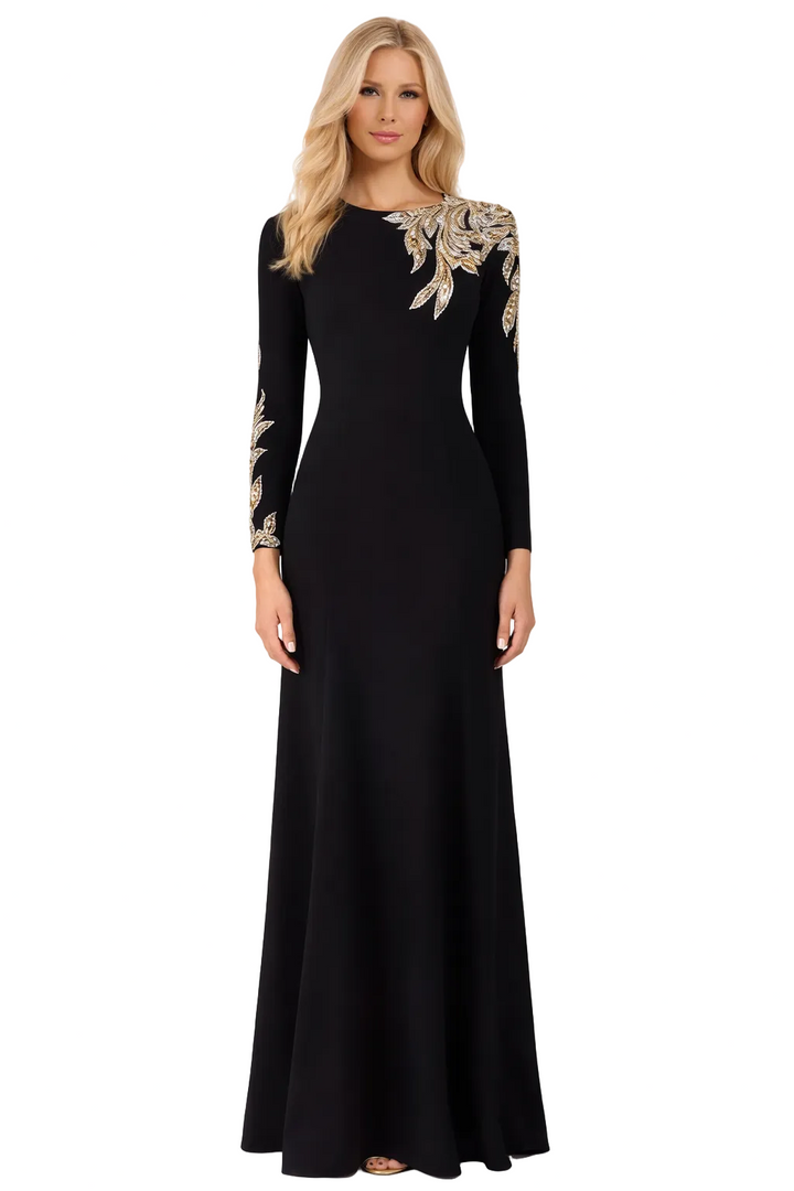 long-sleeve column gown with gold floral embroidery – VALENTIA